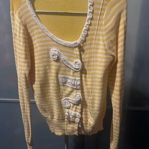 Yellow & White Striped Crochet Trim Cardigan